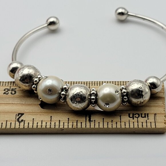 925 Sterling Silver Adjustable Wire Cuff Bracelet – 7 Sliding CZ Ball Beads 6.5" - Picture 6 of 6